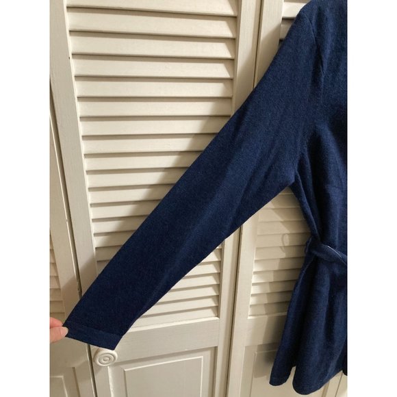 100% Italian Merino Wool Avellini Navy Boatneck Longline Belted Sweater Size L - Picture 3 of 4